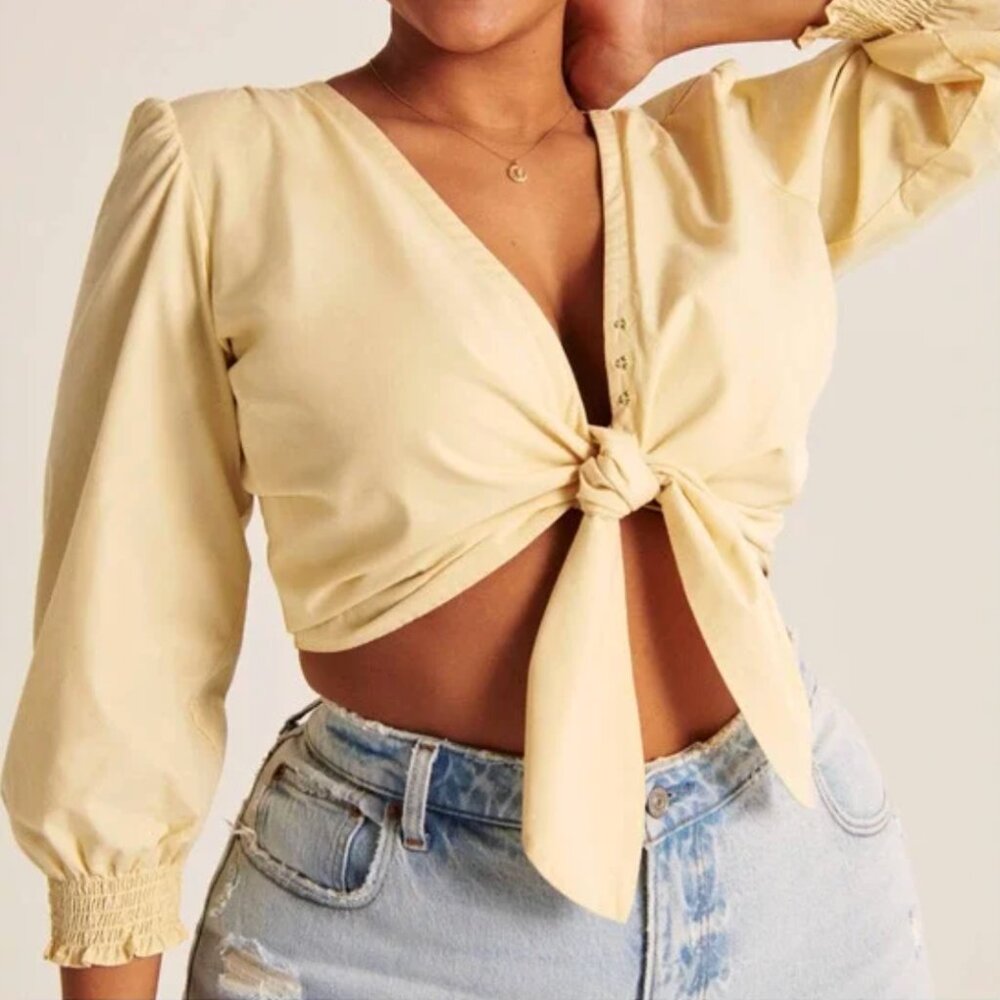 Abercrombie & Fitch Yellow Tie-Front Long Sleeve Crop Top